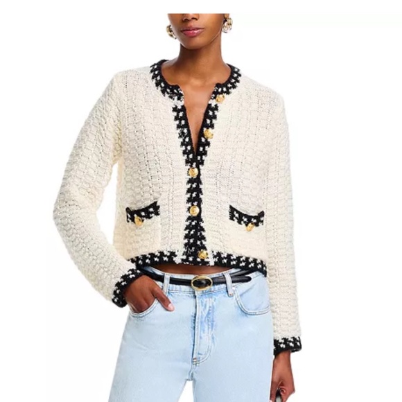 AQUA Basketweave Crewneck Cardigan Sweater – Ivory, Size L (NWT) - Picture 1 of 6